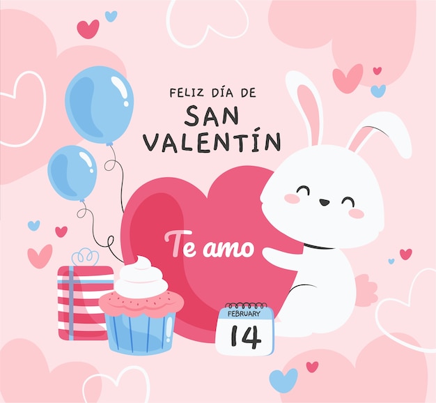 무료 벡터 스페인어로 해피 발렌타인 데이의 평면 그림