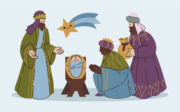 キリスト降誕のシーンに到着するレイズマゴスのフラットなイラスト