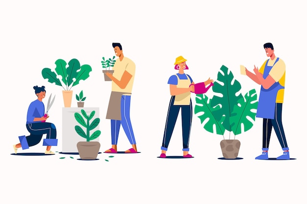 Flat illustration of people taking care of plants