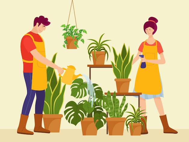 식물을 돌보는 사람들의 평면 그림