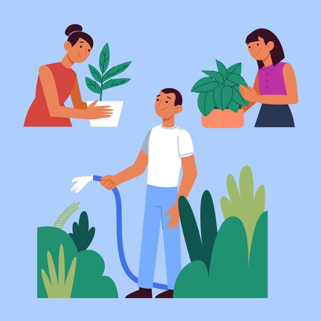 Flat illustration of people taking care of plants