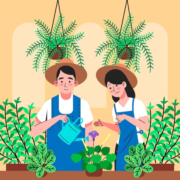 植物の世話をしている人々のフラットなイラスト