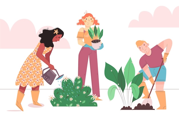 Vettore gratuito illustrazione piana di persone che si prendono cura delle piante