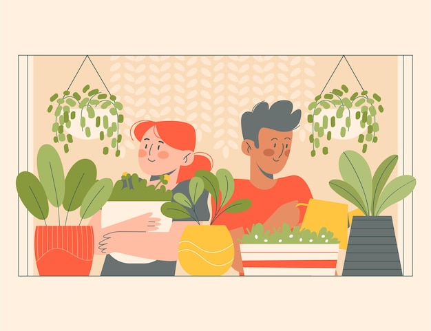 Flat illustration people taking care of plants