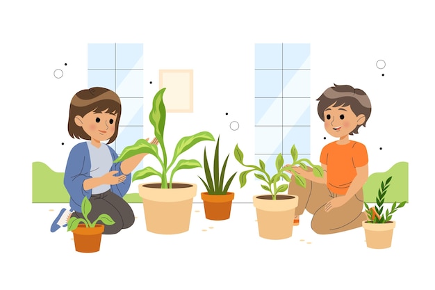 flat illustration people taking care of plants