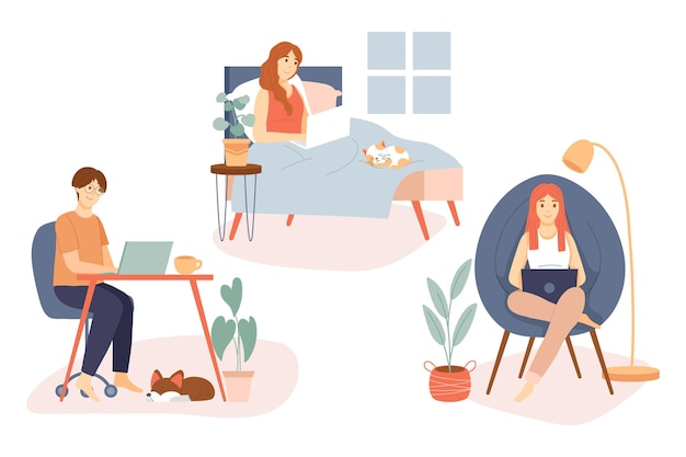 Flat illustration of people working remotely