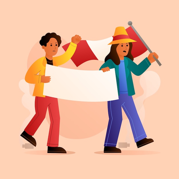 Flat illustration for peru protests with people carrying flag and blank placard