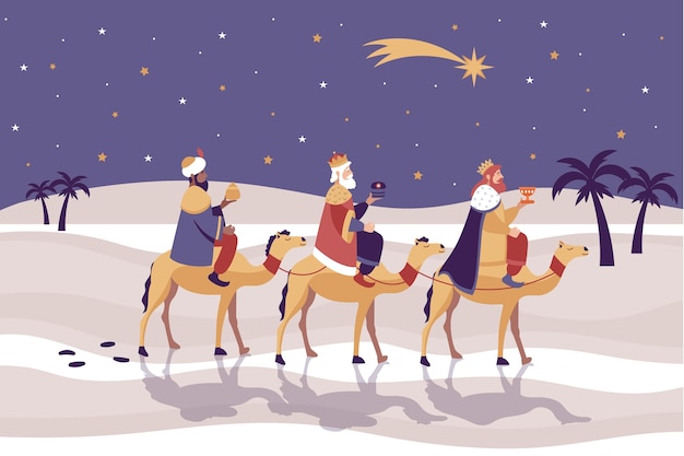 Illustrazione piatta di reyes magos che arriva al presepe