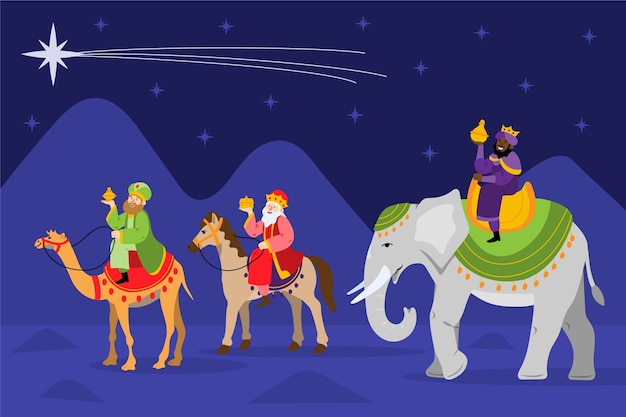 Free vector flat illustration of reyes magos arriving to the nativity scene