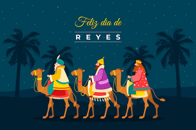 Vettore gratuito illustrazione piatta di reyes magos che arriva al presepe