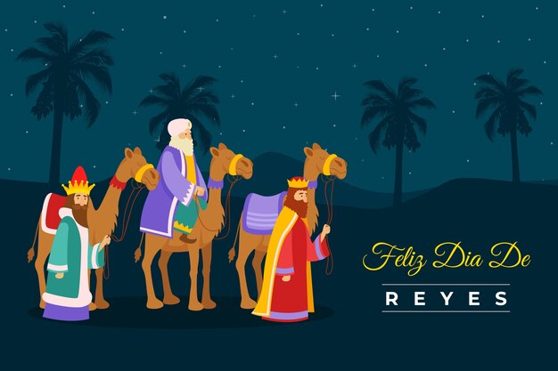 Flat illustration of reyes magos arriving to the nativity scene