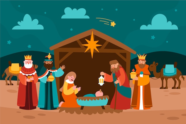 Vettore gratuito illustrazione piatta di reyes magos che arriva al presepe