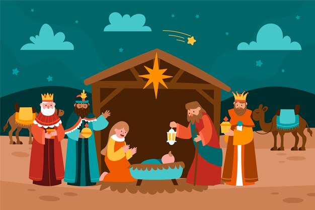 Flat illustration of reyes magos arriving to the nativity scene