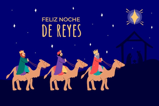 Illustrazione piatta di reyes magos che arriva al presepe