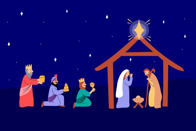 Flat illustration of reyes magos arriving to the nativity scene