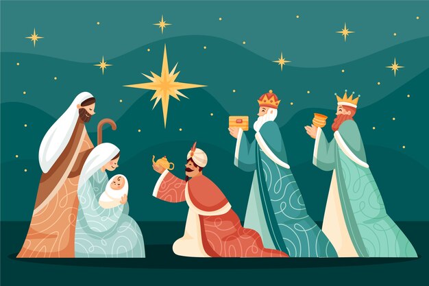 Flat illustration of reyes magos arriving to the nativity scene