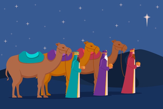 Free vector flat illustration of reyes magos arriving to the nativity scene