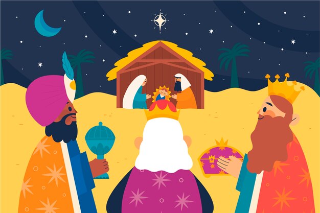 Flat illustration of reyes magos arriving to the nativity scene