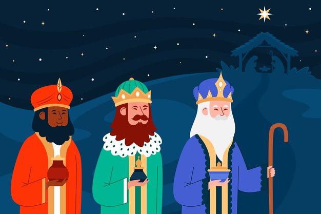 Illustrazione piatta di reyes magos che arriva al presepe