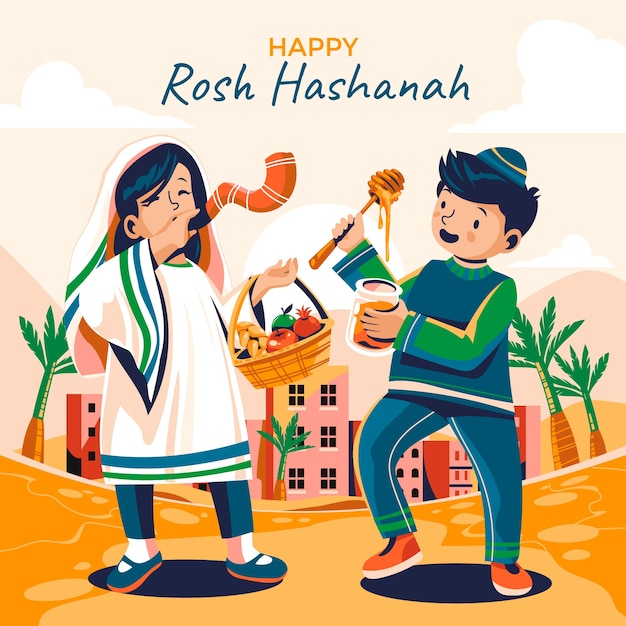 Плоская иллюстрация для еврейского празднования Нового года Рош-Хашана