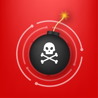 Плоский рисунок. значок щита. абстрактный значок с красной кибератакой. логотип бомбы на красном фоне. фишинг-мошенничество.