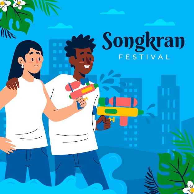 Vettore gratuito illustrazione piatta per la celebrazione del festival dell'acqua songkran
