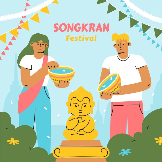 Vettore gratuito illustrazione piatta per la celebrazione del festival dell'acqua songkran
