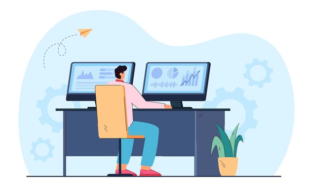 Flat illustration of stock trader working on computer with graphs. Man investor using PC analyzing charts diagrams on exchange market. Finances, cryptocurrency, investing