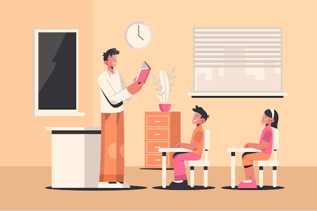 Flat illustration of teacher with students