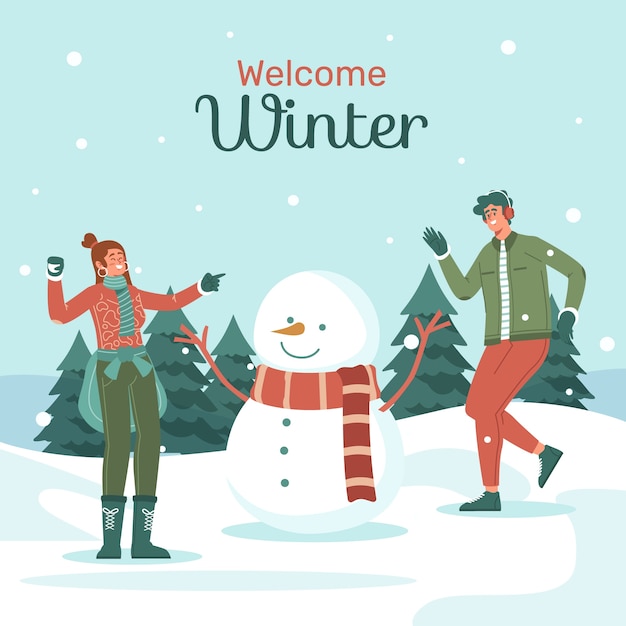 Free vector flat illustration for winter season with people and snowman