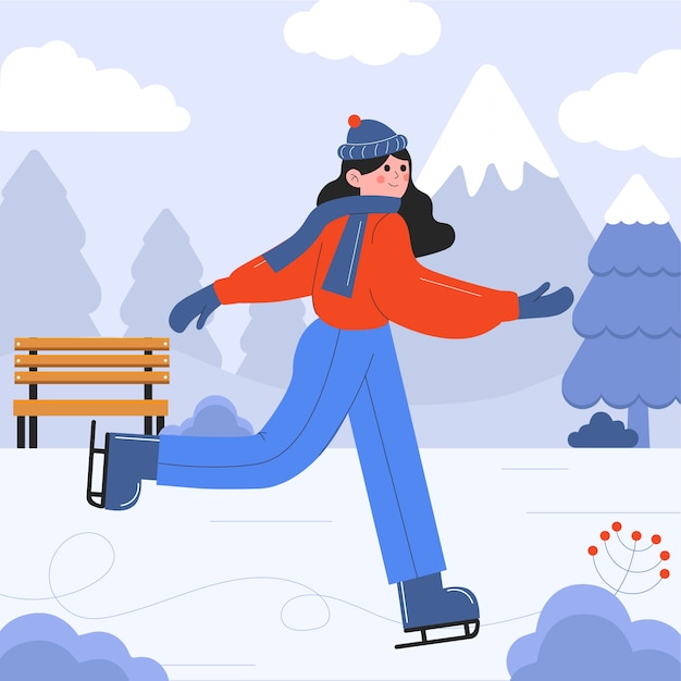 Vettore gratuito illustrazione piatta per la stagione invernale con pattinaggio su ghiaccio donna