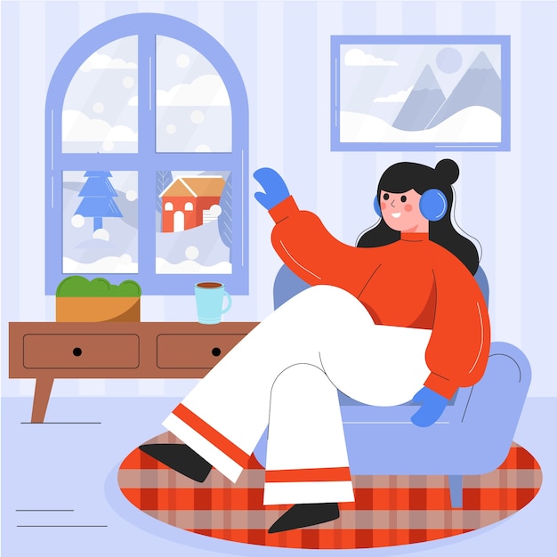 Free vector flat illustration for winter season with woman looking through window