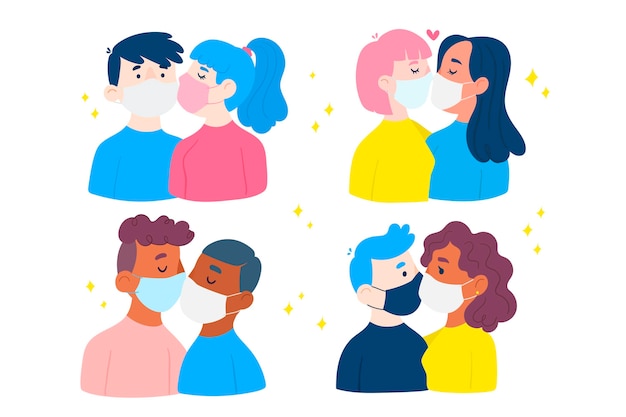 Flat illustration with couples kissing with covid mask