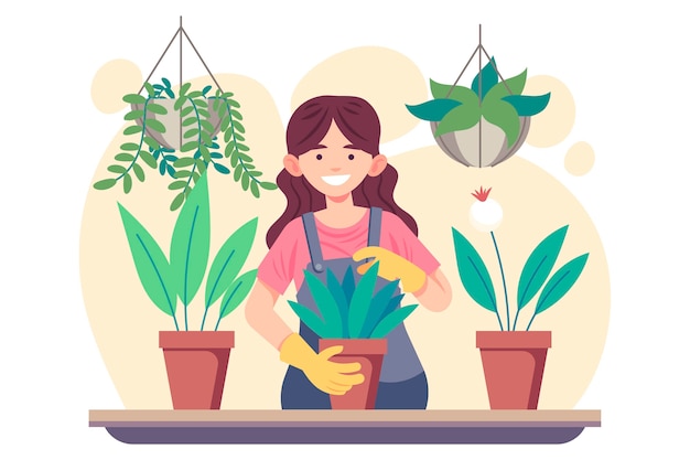 Плоская иллюстрация женщина заботится о растениях