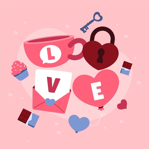 발렌타인 데이에 대한 사랑이라는 단어의 평면 그림