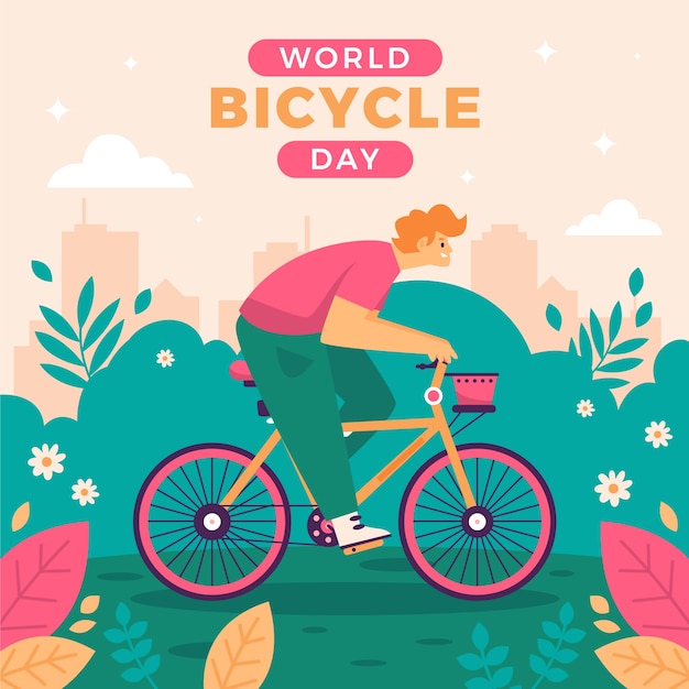 Vettore gratuito illustrazione piatta per la celebrazione della giornata mondiale della bicicletta
