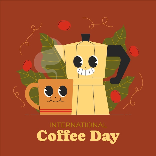 Vettore gratuito illustrazione piatta per la celebrazione della giornata mondiale del caffè