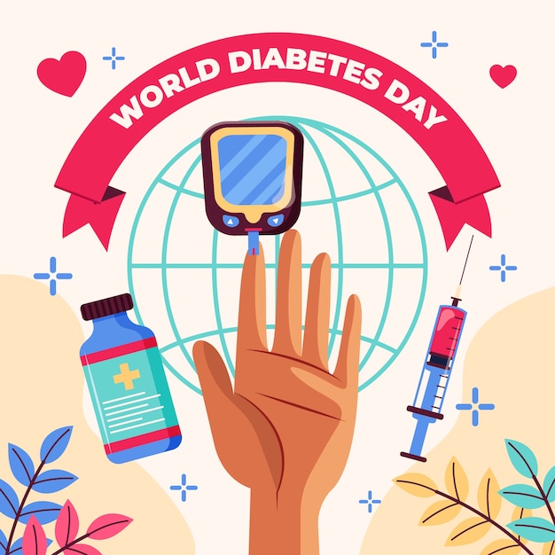 Vettore gratuito illustrazione piatta per la consapevolezza della giornata mondiale del diabete