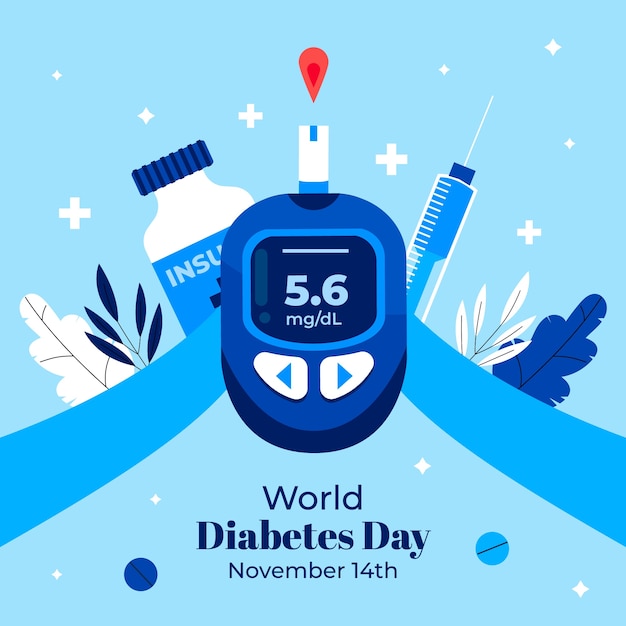 Vettore gratuito illustrazione piatta per la consapevolezza della giornata mondiale del diabete