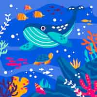Vettore gratuito illustrazione piatta per la giornata mondiale degli oceani con creature acquatiche