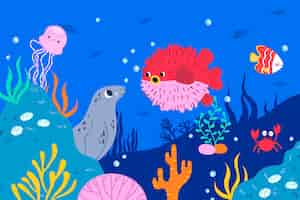 Vettore gratuito illustrazione piatta per la giornata mondiale degli oceani con la vita oceanica