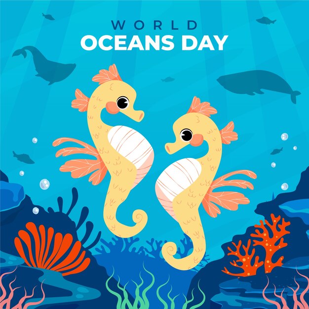 Flat illustration for world oceans day with oceanic life