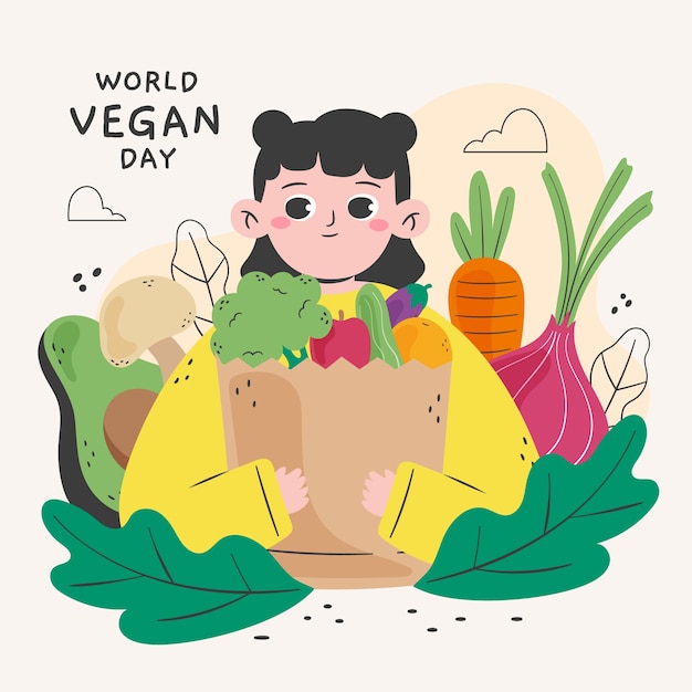 Vettore gratuito illustrazione piatta per la celebrazione della giornata mondiale vegana