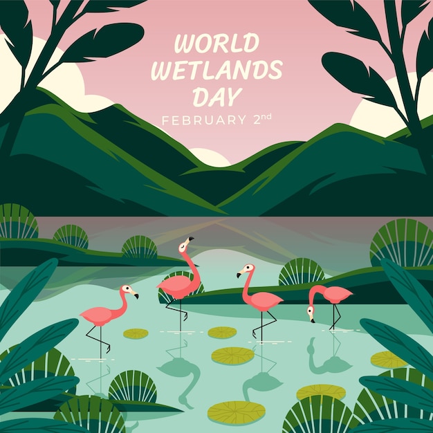 Free vector flat illustration for world wetlands day with flora and fauna