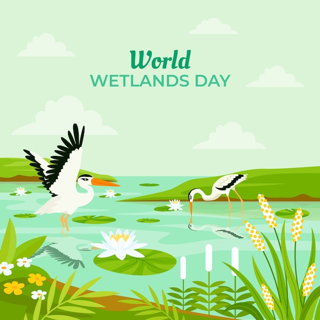 Free vector flat illustration for world wetlands day with flora and fauna