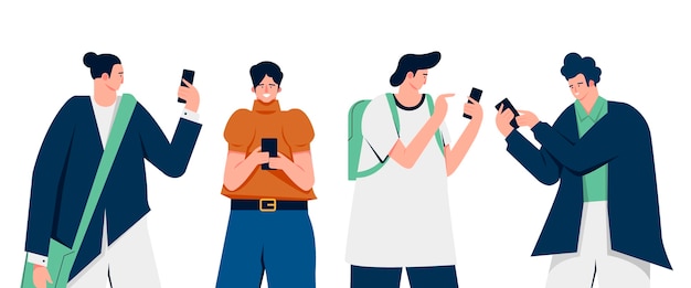 Flat illustration young people using smartphones