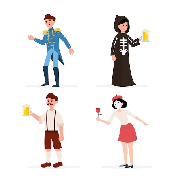 Flat illustrations of carnival characters wearing costumes