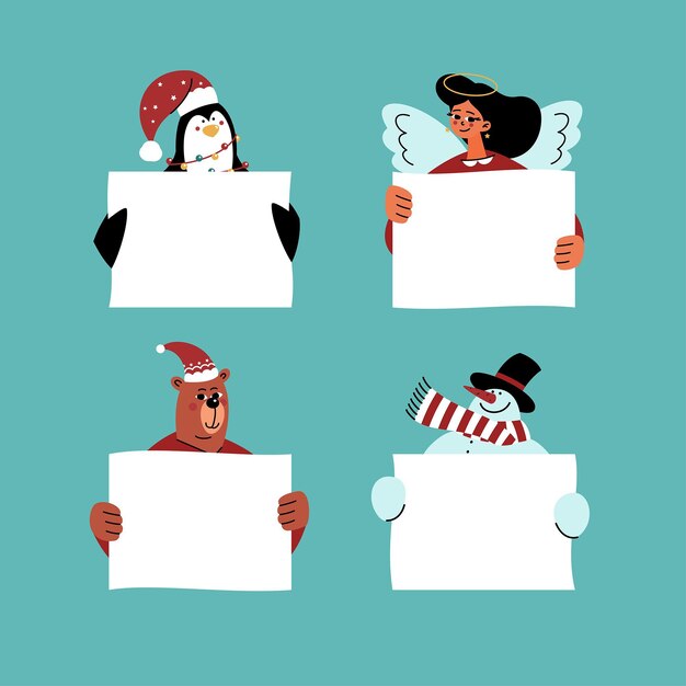 Illustrazioni piatte di personaggi natalizi con in mano un banner bianco