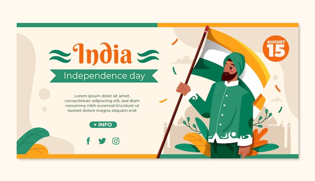 Vettore gratuito modello di banner orizzontale piatto giorno dell'indipendenza dell'india con uomo che tiene bandiera