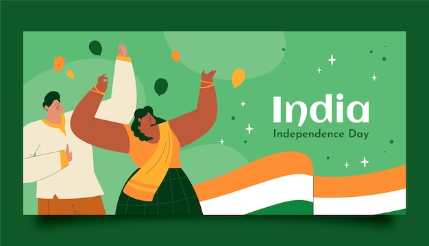 Free vector flat india independence day horizontal banner template with people and balloons